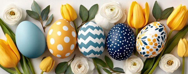 Naklejka premium Easter eggs with yellow, blue and white patterns surrounded by tulips and ranunculus