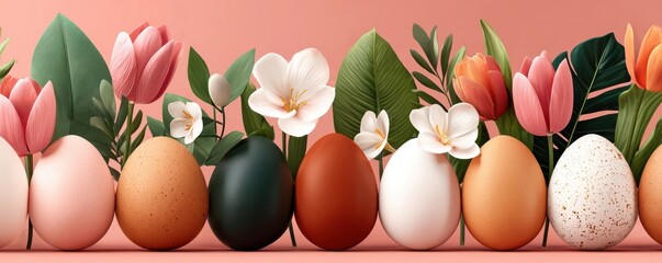 Naklejka premium Easter eggs and spring flowers arranged on a pink background for seasonal celebration
