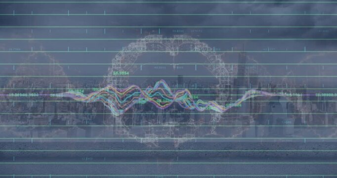 Animation of data processing over spinning human brain icon against view of cityscape