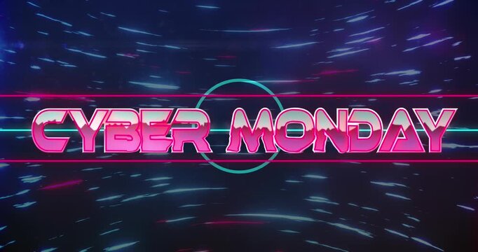 Animation of cyber monday text in pink metallic letters over flashing rings and light trails