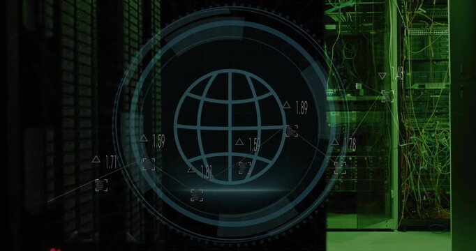 Animation of clock and scope scanning over digital brain and data processing on black background