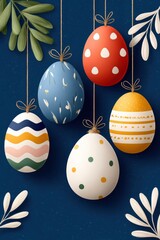 Naklejka premium Hand-drawn Easter eggs hanging on twine against a navy blue background with floral leaves