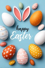 Naklejka premium Happy Easter banner with colorful decorated eggs and bunny ears on pastel background
