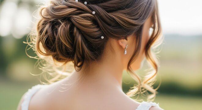 Hairstyle displaying a delicate bridal updo with small pearl accents on a woman, reflecting a polished and romantic aesthetic perfect for wedding ceremonies and formal celebrations of love.
