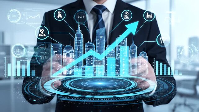 Businessman Holding Futuristic Holographic Cityscape with Growth Chart.