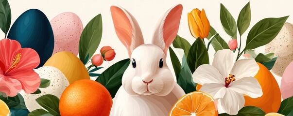 Naklejka premium Easter bunny with colorful eggs and spring flowers in a bright festive pattern