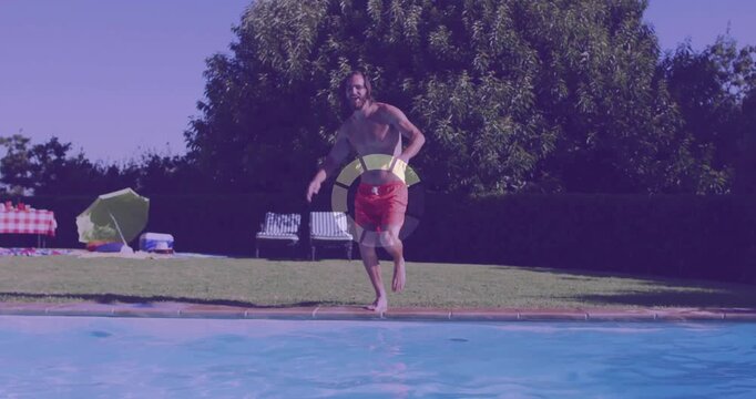 Running towards swimming pool, man in red shorts showing playful expression