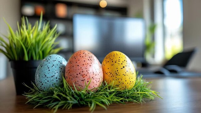 Colorful speckled easter eggs on grass displayed in modern office environment. Easter, Pascha, Paskha, Ostern, Pascua, Paques - Orthodox and Catholic Holiday celebration