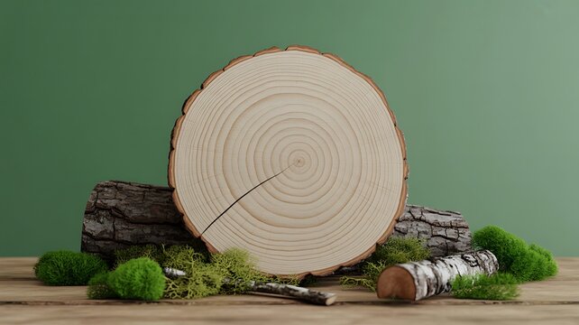 A product photography shot of a rustic wood log on a table with moss and branches on a green background