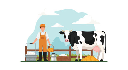 A farmer stands with a cow near hay bales and milk containers showcasing a charming rural scene silhouette high quality professional © GDSneha02