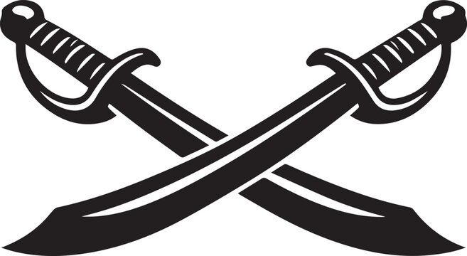 Black and white illustration of two crossed pirate cutlass swords isolated on a white background Vector, illustration