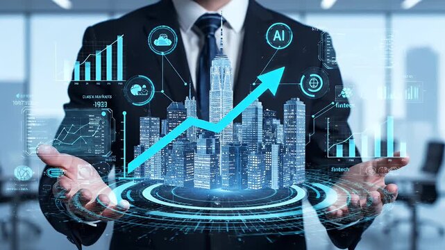 Businessman holding futuristic holographic city with financial growth chart.