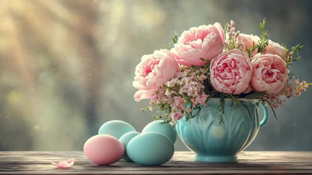 Elegant floral bouquet in blue vase with pastel eggs on wooden table. Easter, Pascha, Paskha, Ostern, Pascua, Paques - Orthodox and Catholic Holiday celebration