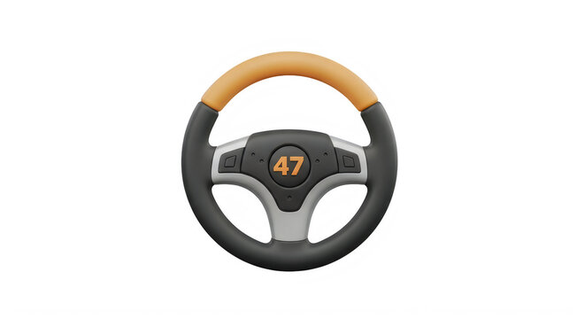 A sleek steering wheel with a black and orange design and the number 47 on a black background