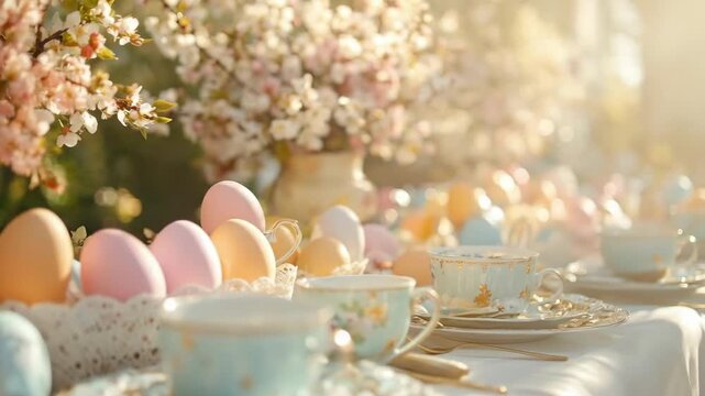 Elegant spring table setting with pastel easter eggs and floral decor in sunlit garden. Easter, Pascha, Paskha, Ostern, Pascua, Paques - Orthodox and Catholic Holiday celebration
