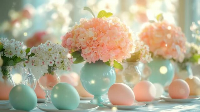 Pastel easter decor with pink hydrangeas and colorful eggs on a sunlit table. Easter, Pascha, Paskha, Ostern, Pascua, Paques - Orthodox and Catholic Holiday celebration