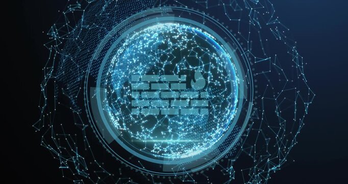 On pulse holo sphere forming and turning nodes sliding brick droplet icons showing security