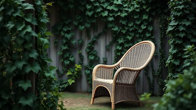 commoditizing. Wicker armchair nestled in a garden surrounded by ivy vines and soft natural light. real-estate listings.