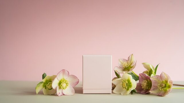 A soft minimalist product photography setup features a blank white frame surrounded by pink and white flowers on a table against a pink wall.