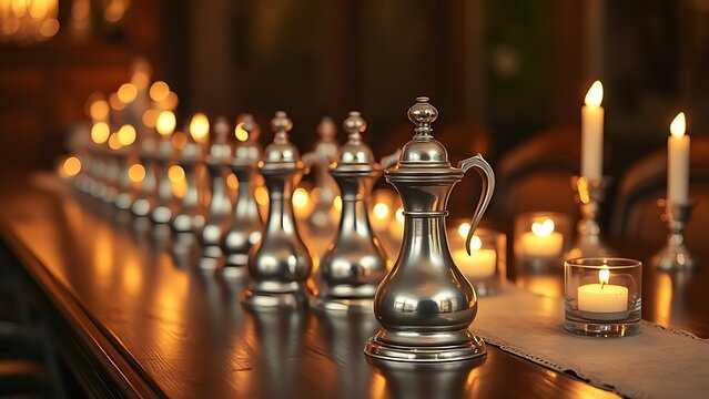 flagons. Gleaming pewter flagons on a wooden table reflecting candlelight. bar promotions, beverage menus, designed for product packaging and bar promotions, used by food bloggers.