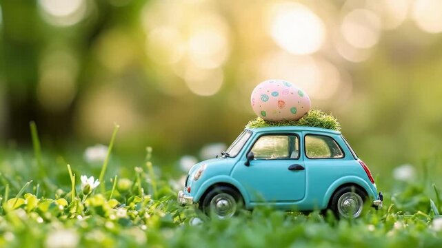 Miniature car with easter egg on green grass in sunlit garden. Easter, Pascha, Paskha, Ostern, Pascua, Paques - Orthodox and Catholic Holiday celebration