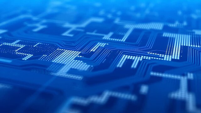 Gliding across blue circuit board microchip lines futuristic tech loop