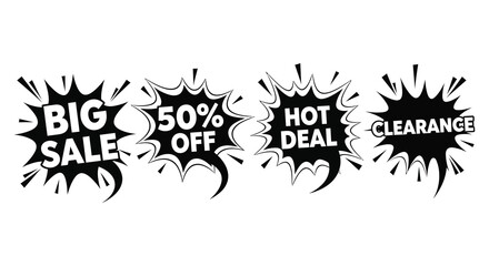 Four black burst style sale banners with bold text announcing discounts and promotions a striking silhouette high quality professional detailed modern elegant © Creativekhairul02