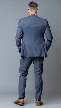 Smartly dressed man showcases confidence in a stylish blue suit during a modern photoshoot in a sleek studio setting