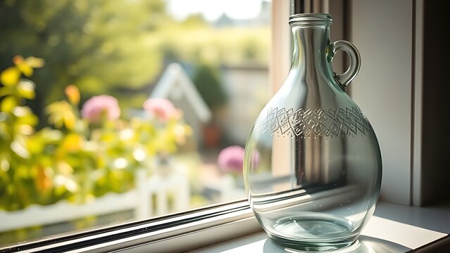 demijohn. A glass demijohn on a windowsill refracting a sunlit garden view. bar promotions, beverage menus, designed for food & beverage menus and cafe branding, used by ui designers.