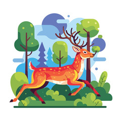 Naklejka premium A vibrant deer leaps joyfully through a forest with stylized trees