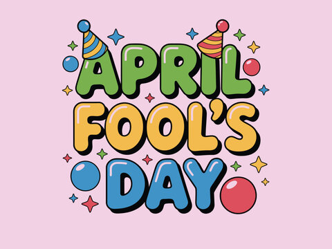 April fools day celebration text, vibrant lettering with party horns and confetti on pink background for fun prank themed graphics and cheerful party visuals.