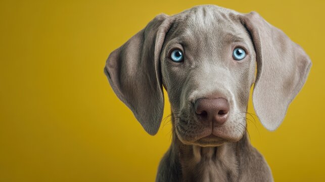 Retrato de cachorro gris con mirada directa a la c&Atilde;&iexcl;mara sobre fondo amarillo limpio