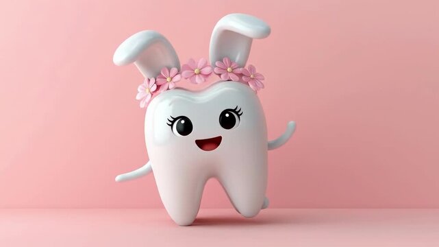 Cute tooth character with bunny ears and flower crown on pink background. Easter, Pascha, Paskha, Ostern, Pascua, Paques - Orthodox and Catholic Holiday celebration