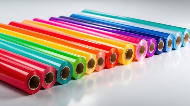 Row of colorful vinyl wrap rolls arranged in a color gradient on studio white