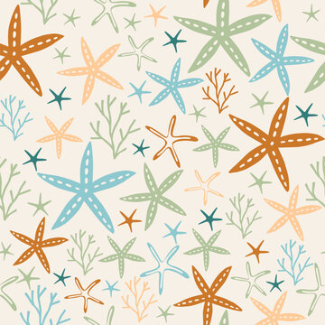 Hand drawn sea shells, stars. Summer beach seaside print.