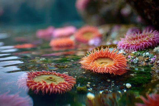 Sea anemone cluster in a sunlit Oregon tide pool at Strawberry Hill