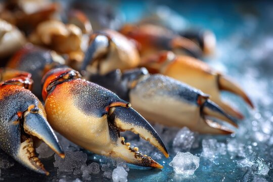 Seafood display featuring stone crab claws on ice
