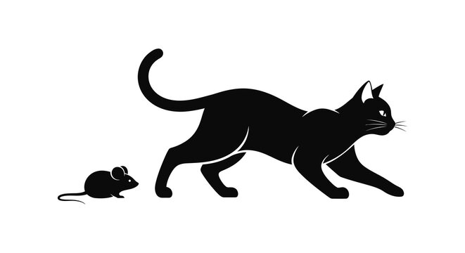 A sleek black cat in pursuit of a tiny mouse depicted in a striking minimalist silhouette high quality professional detailed modern