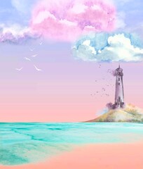 Digital Watercolor pastel tones landscape, Beachfront Lighthouse. Not AI generated. © Vida Canaria