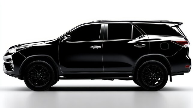 Side profile of a dark SUV against a clean white backdrop, minimal studio shot