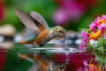 Fototapeta premium Hummingbird in Flight Sipping Water Droplets from a Vibrant Flower Reflection
