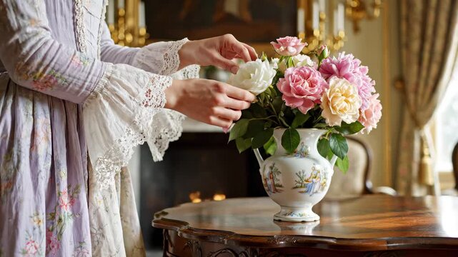 A woman in a historical dress arranges a bouquet of roses in a vase. Period drama scene of a lady decorating an elegant room. Rococo or regency era lifestyle