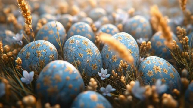 Decorative blue easter eggs with golden floral patterns in a natural setting. Easter, Pascha, Paskha, Ostern, Pascua, Paques - Orthodox and Catholic Holiday celebration