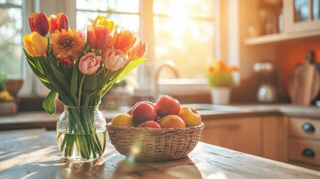 Sunlit kitchen with vase of tulips and basket of apples on wooden table. Easter, Pascha, Paskha, Ostern, Pascua, Paques - Orthodox and Catholic Holiday celebration