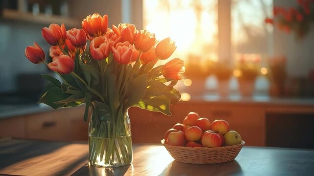 Sunlit kitchen with tulip bouquet and basket of apples in warm morning light. Easter, Pascha, Paskha, Ostern, Pascua, Paques - Orthodox and Catholic Holiday celebration