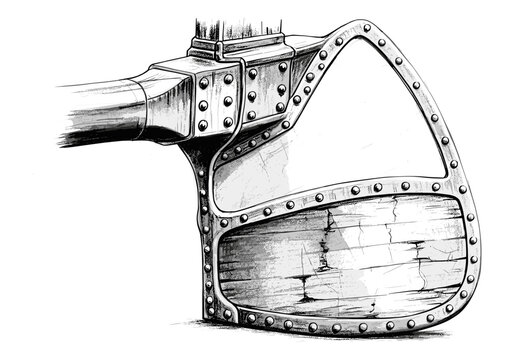 Detailed illustration of a medieval axe head with riveted metal and aged wood texture