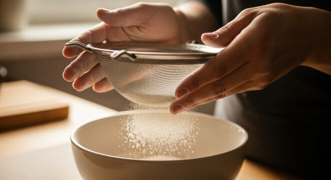 Hands sifting sugar into a white bowl on a kitchen counter with natural light.