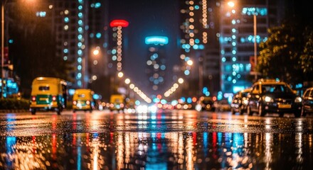 Fototapeta premium Vibrant Night Cityscape with Wet Road and Reflecting Lights.