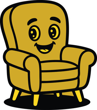 Cartoon smiling yellow armchair with big eyes and eyebrows on transparent background