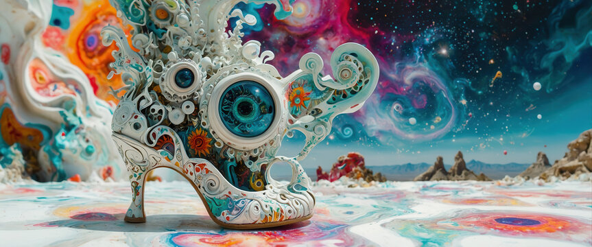 Outlandishly decorated high heel shoe